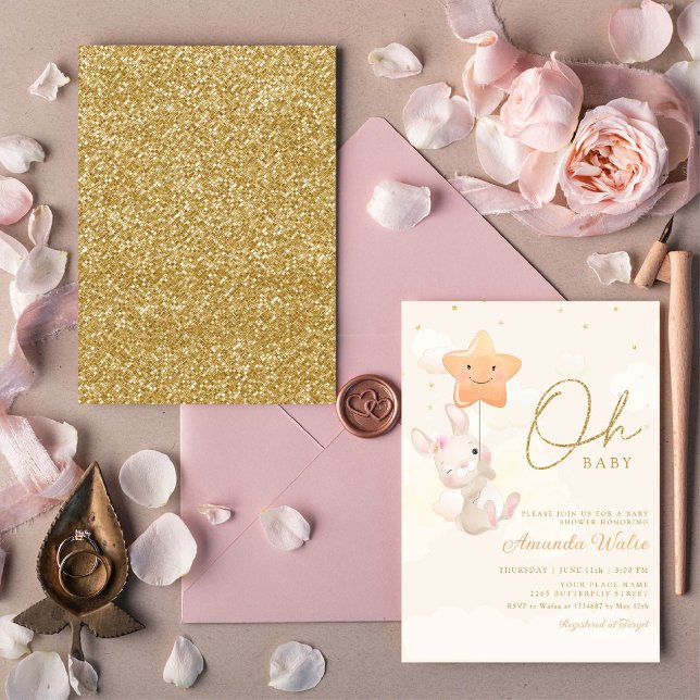 Modern Boho Watercolor Cute Bunny Girl Baby Shower Invitation (Creator Uploaded)