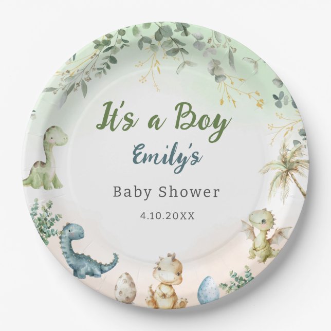 Modern Boho Watercolor Dinosaur Greenery Boy Paper Plates (Front)