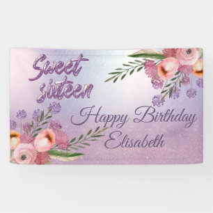 Modern boho watercolor floral sweet 16 party bann banner