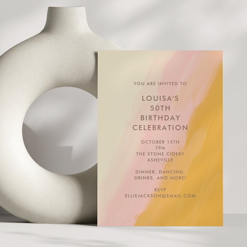 Modern Boho Watercolor Pink Yellow 50th Birthday Invitation