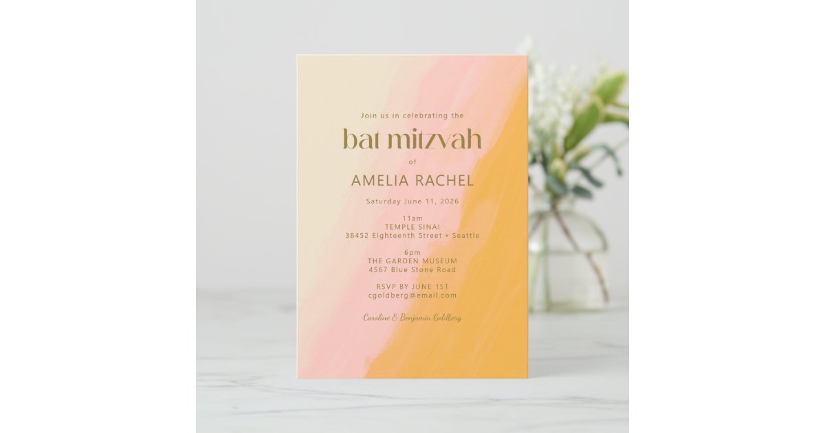 Modern Boho Watercolor Pink Yellow Bat Mitzvah Invitation | Zazzle