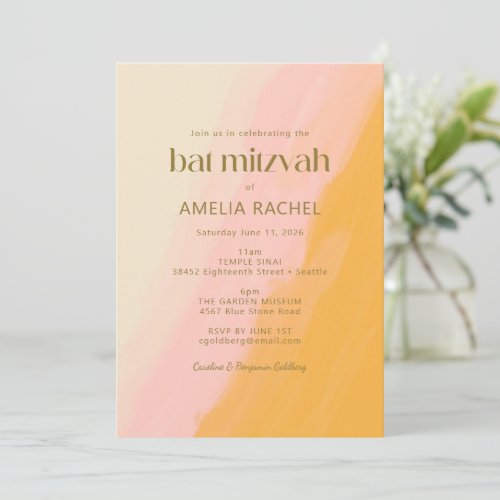 Modern Boho Watercolor Pink Yellow Bat Mitzvah Invitation