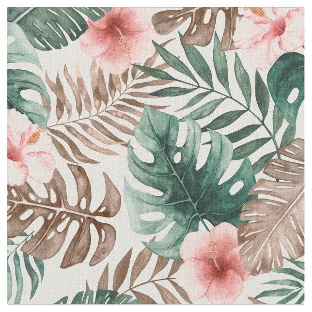 Modern Boho Watercolor Tropical Floral Fabric (Close Up)