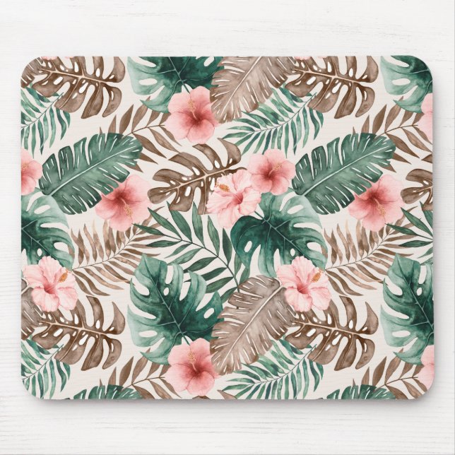Modern Boho Watercolor Tropical Floral Leaves Mouse Pad (Front)
