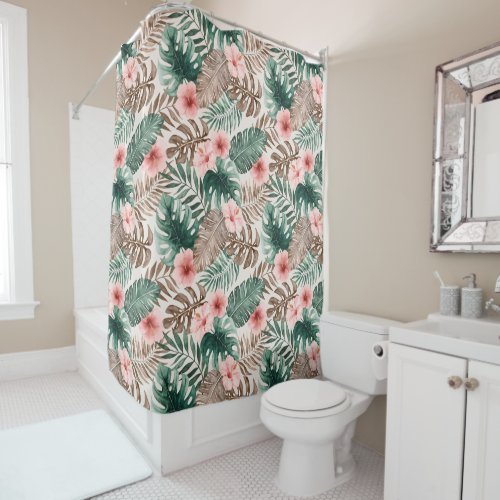 Modern Boho Watercolor Tropical Floral Leaves Shower Curtain