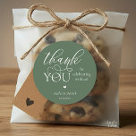 Modern Boho Wedding Cute Heart Thank You Gifts  Classic Round Sticker<br><div class="desc">Modern Wedding minimalist Thank You Gifts Classic favor Round Sticker,  in romantic script,  little cute heart,  with bride and groom signature and wedding date,  in rustic sage green theme.</div>