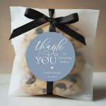 Modern Boho Wedding Cute Heart Thank You Gifts  Classic Round Sticker<br><div class="desc">Modern Wedding minimalist Thank You Gifts Classic favor Round Sticker,  in romantic script,  little cute heart,  with bride and groom signature and wedding date,  in classy dusty blue theme.</div>