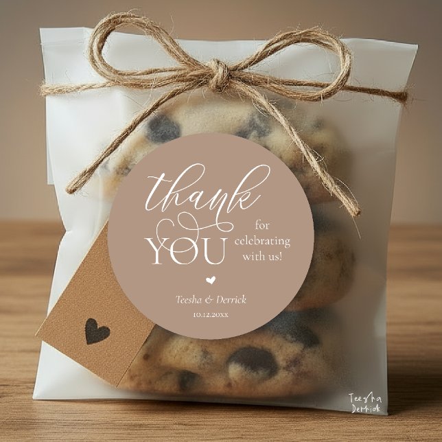 Modern Boho Wedding Cute Heart Thank You Gifts  Classic Round Sticker (Modern Boho Wedding Cute Heart Thank You Gifts Classic Round Sticker in Classy Taupe Warm Earthy)
