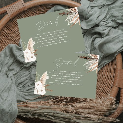 Modern Boho White Floral Sage Green Wedding Detail Enclosure Card