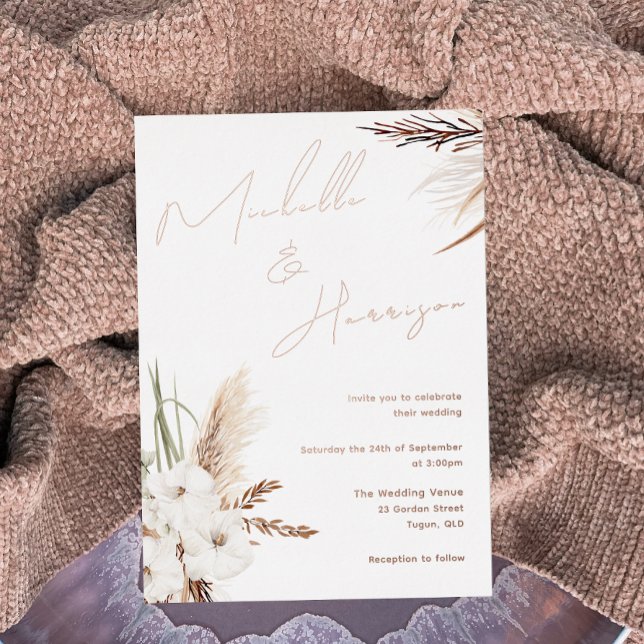 Modern Boho White Floral Script Wedding Rose Gold Foil Invitation (Creator Uploaded)