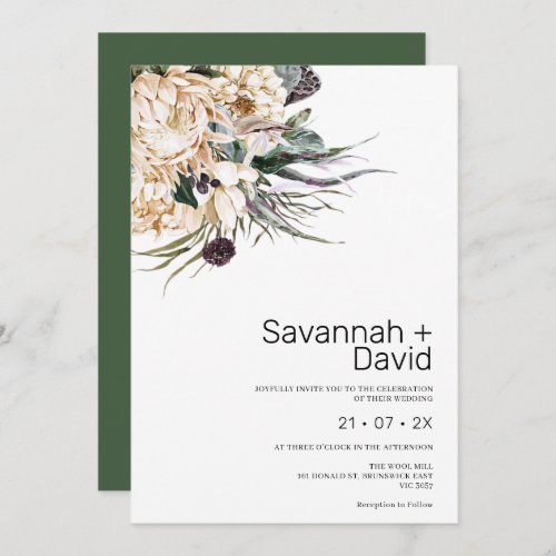 Modern Boho White Protea Pampas Grass Wedding Invitation