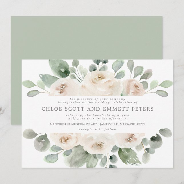 Modern Boho White Rose Floral Wedding Invitation (Front/Back)