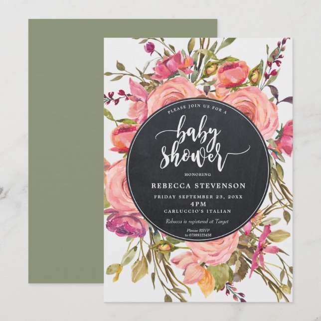 modern boho wild flower baby shower invitation (Front/Back)