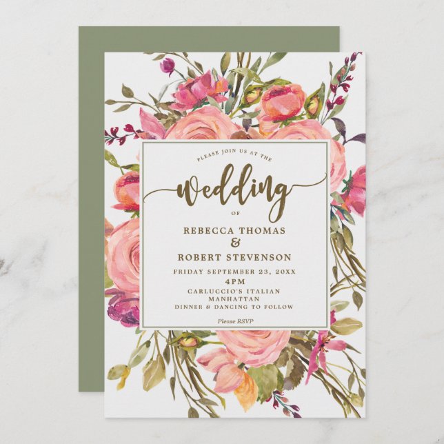 modern boho wild flower wedding invitation gray (Front/Back)