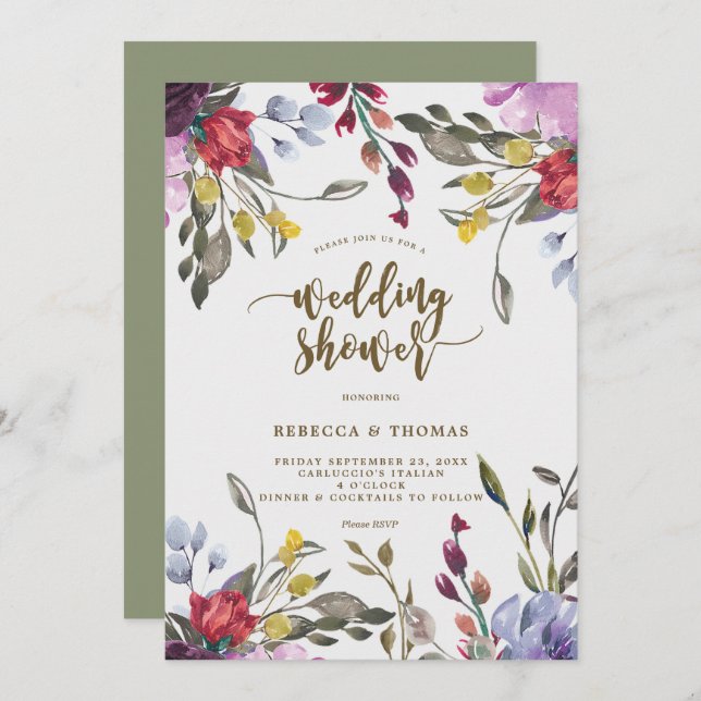 modern boho wild flower wedding shower invitation (Front/Back)
