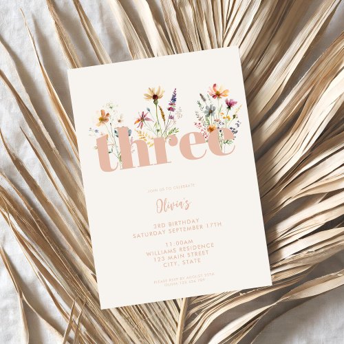 Modern Boho Wildflower 3rd Birthday Invitation