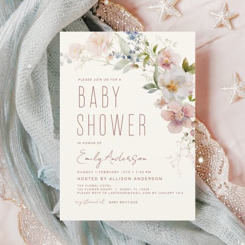 Modern Boho Wildflower Baby Shower Elegant Invitation