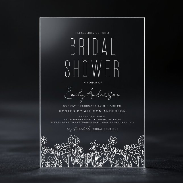 Modern Boho Wildflower Bridal Shower Elegant  Acrylic Invitations (Creator Uploaded)