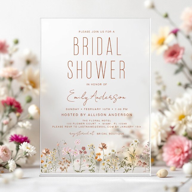 Modern Boho Wildflower Bridal Shower Elegant  Acrylic Invitations (Creator Uploaded)