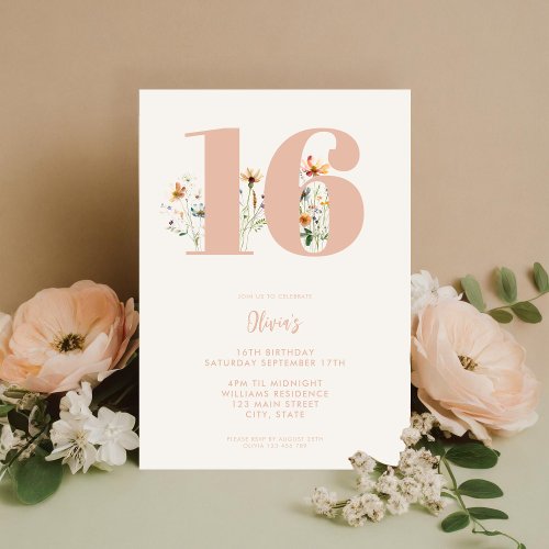 Modern Boho Wildflower Elegant 16th Birthday Invitation