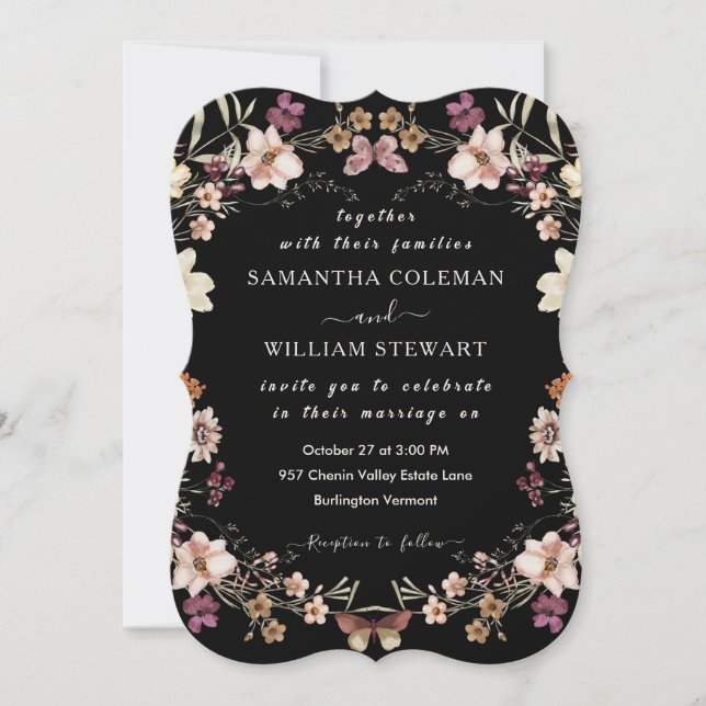 Modern Boho Wildflower Elegant Black Wedding Invitation (Front)