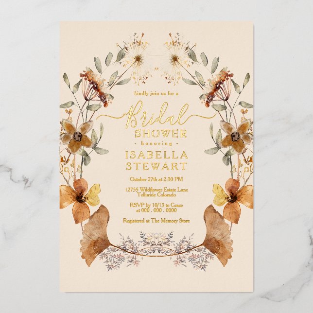 Modern Boho Wildflower Elegant Bridal Shower Foil Invitation (Front)