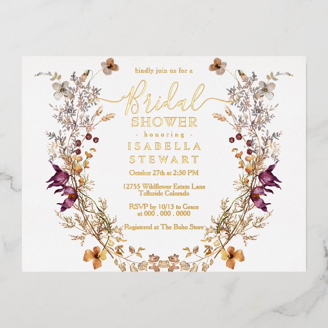 Modern Boho Wildflower Elegant Bridal Shower Foil Invitation Postcard (Front)