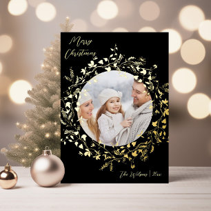 Modern Boho Wildflower Merry Christmas Photo Gold Foil Holiday Card
