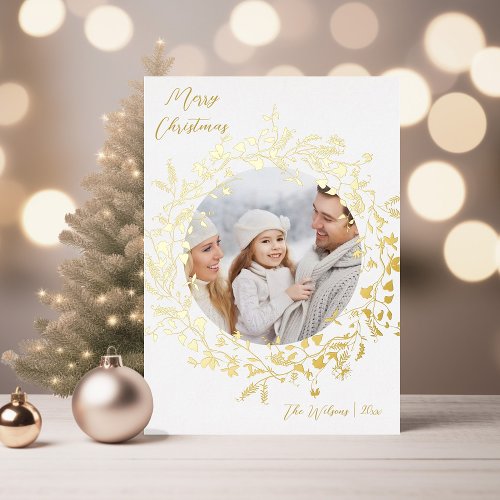 Modern Boho Wildflower Merry Christmas Photo Gold Foil Holiday Card