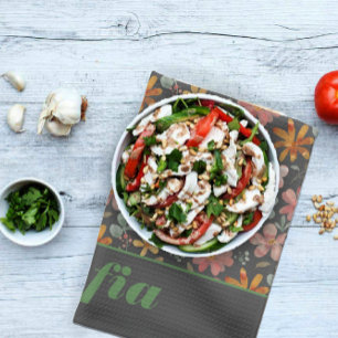 Modern boho wildflower pink yellow pattern grey kitchen towel