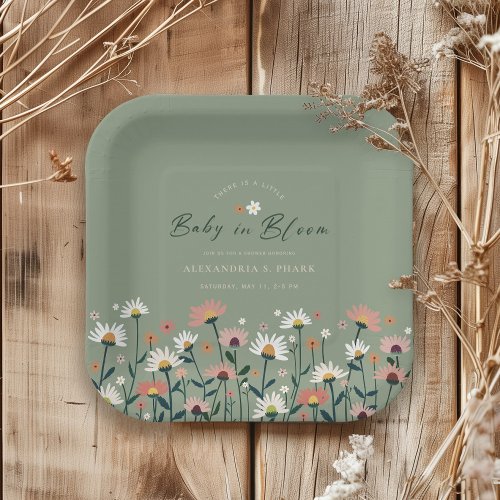 Modern Boho Wildflower Sage Baby in Bloom Shower Paper Plates