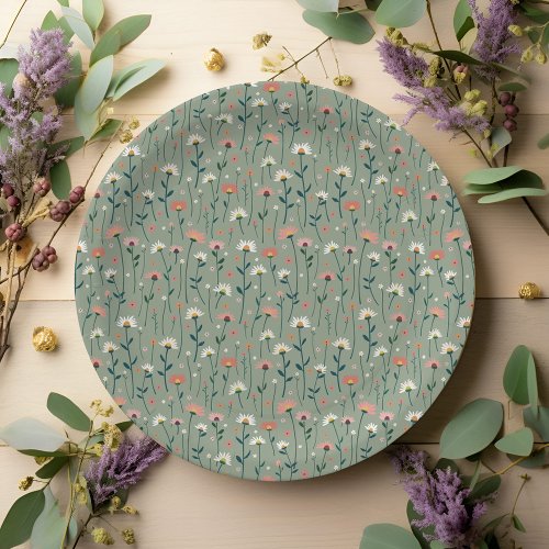 Modern Boho Wildflower Sage Baby in Bloom Shower Paper Plates