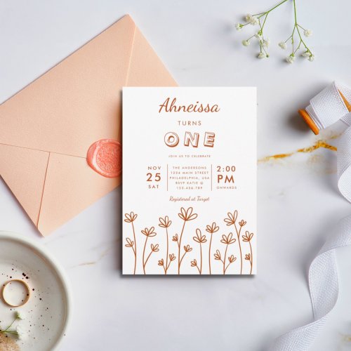 Modern Boho Wildflower Terracotta First Birthday Invitation