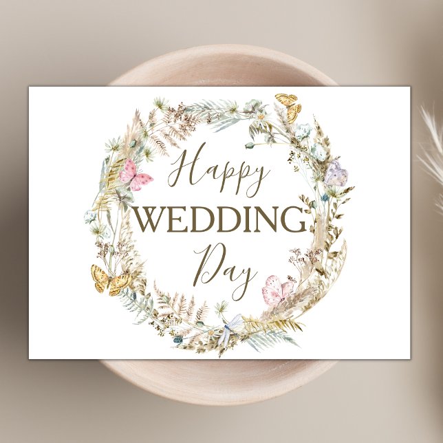 Modern Boho Wildflower Wreath Happy Wedding Day Card (Creator Uploaded)