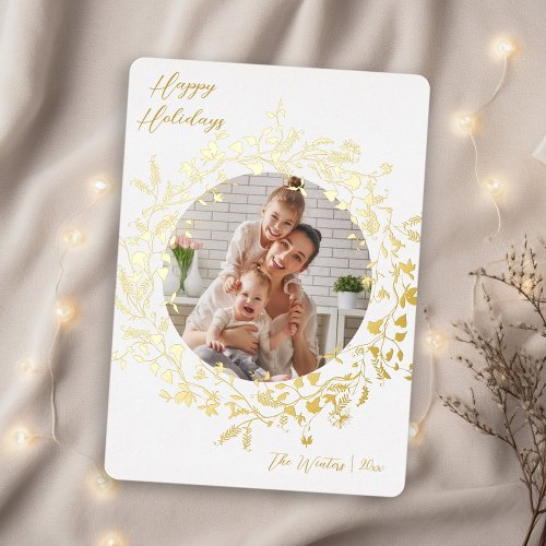 Modern Boho Wildflower Wreath Photo Gold  White Foil Holiday Card