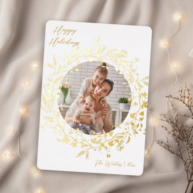 Modern Boho Wildflower Wreath Photo Gold & White Foil Holiday Card (Creator Uploaded)