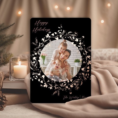 Modern Boho Wildflower Wreath Photo Rose Gold Foil Holiday Card