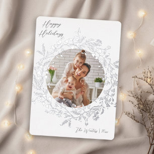 Modern Boho Wildflower Wreath Photo Silver  Foil Holiday Card