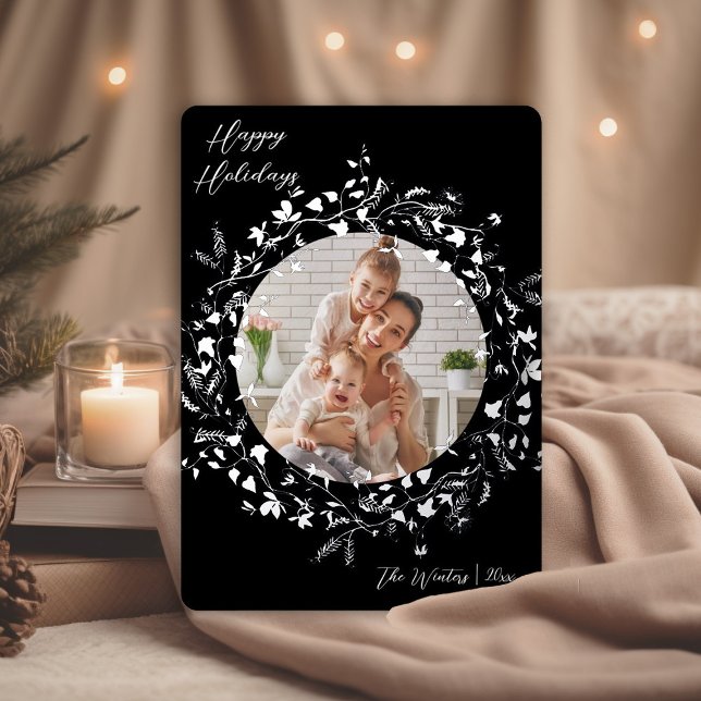 Modern Boho Wildflower Wreath Photo Silver  Foil Holiday Card (Creator Uploaded)