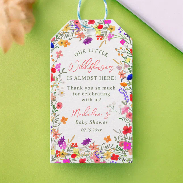 Modern boho wildflowers baby shower thank you gift tags | Zazzle