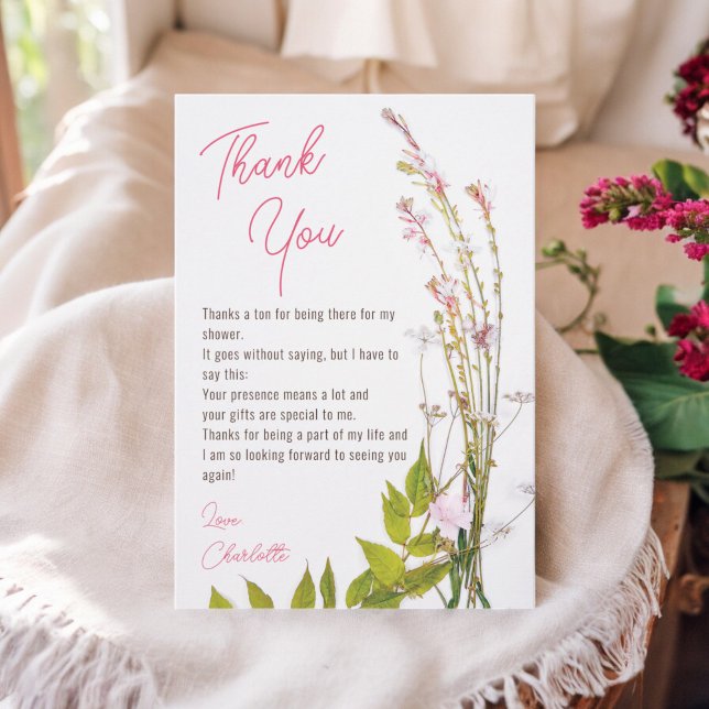 Modern boho wildflowers script photo bridal shower thank you card (Modern boho wildflowers script photo bridal shower thank you card)