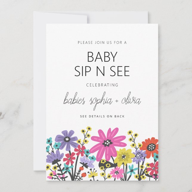 Modern Boho Wildflowers Twin Baby Sip And See Invitation (Front)