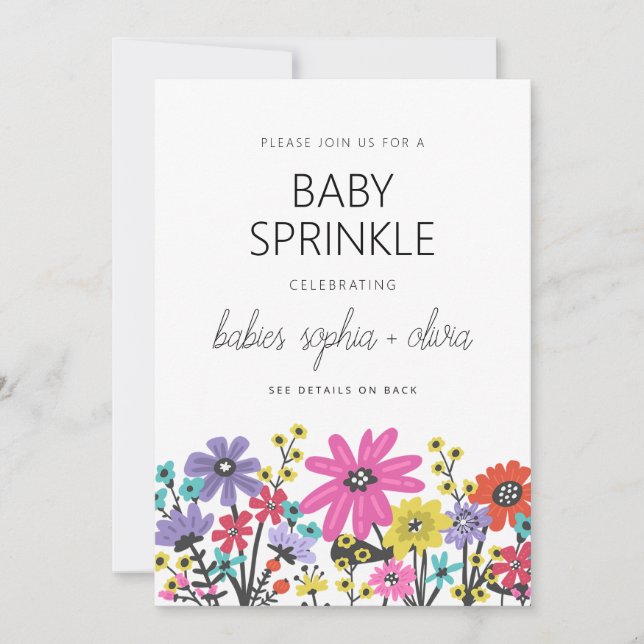 Modern Boho Wildflowers Twin Baby Sprinkle Invitation (Front)
