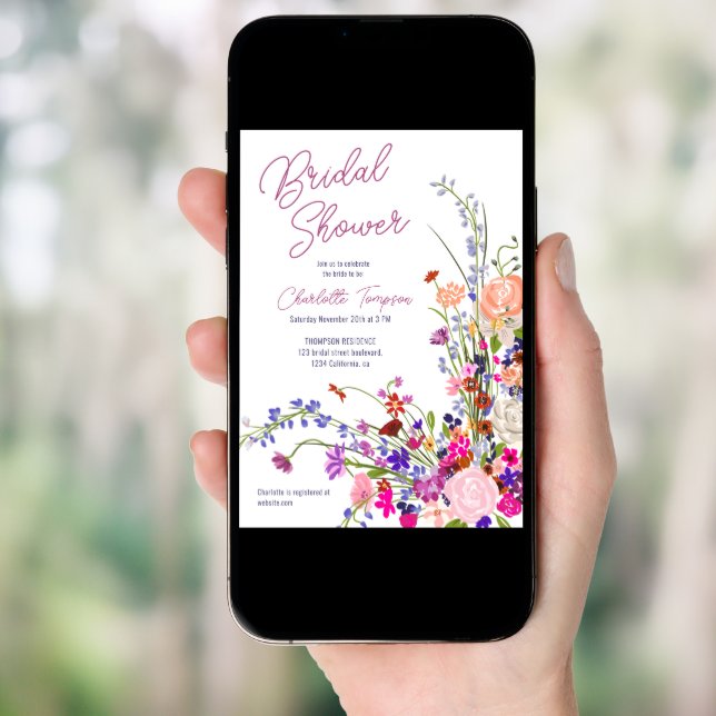 Modern boho wildflowers watercolor bridal shower invitation (Front Digital)