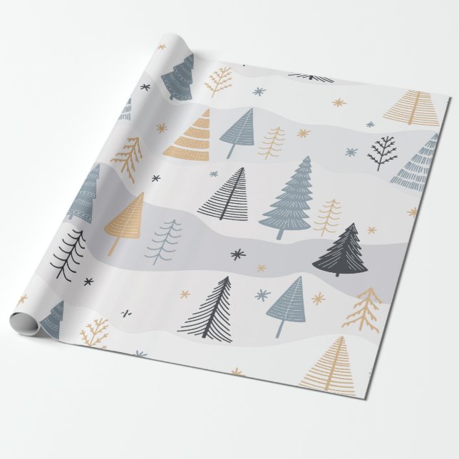 Modern Boho Winter Pine Tree Pattern Wrapping Paper (Unrolled)