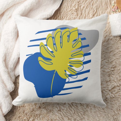 Modern Boho Yellow Leave  blue abstract shapes Throw Pillow