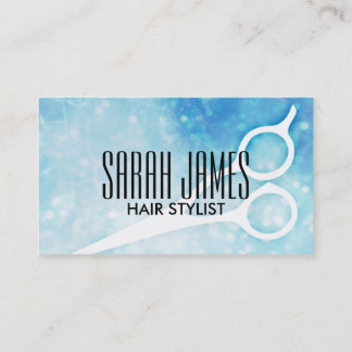 modern bokeh blue hairstylist hair stylist shears business card