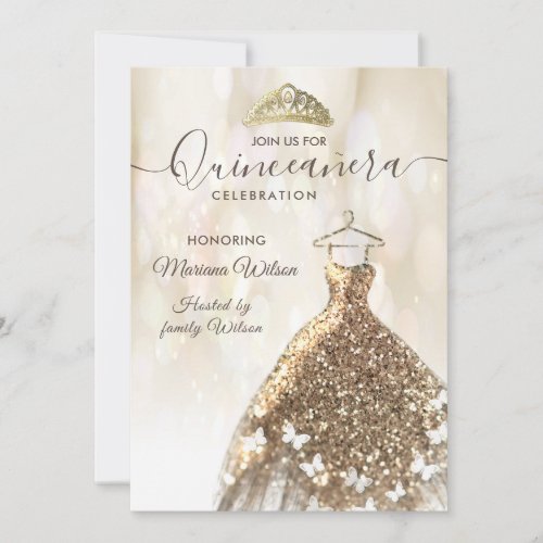 Modern bokeh Gold butterfly dress tiara Quince Invitation
