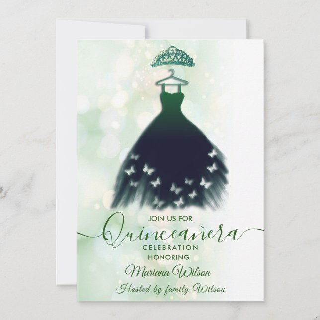 Modern bokeh green butterfly dress tiara Quince Invitation (Front)