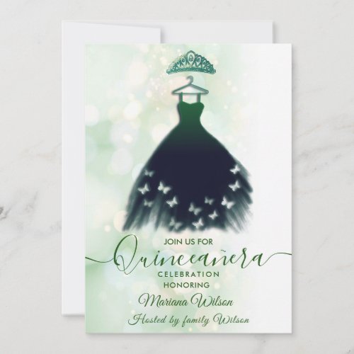 Modern bokeh green butterfly dress tiara Quince Invitation